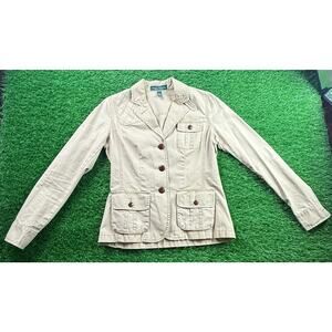 LRL Lauren Jeans Co Safari Field Blazer Jacket Womens Sz S Khaki 100% Cotton Tan